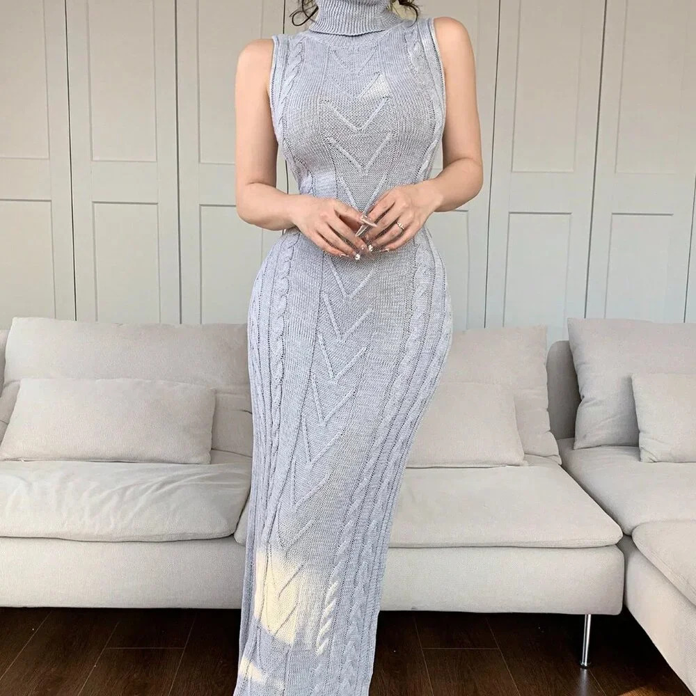 Grey Casual Women's High Neck Sleeveless Sweater Dress w/Cardigan - Picture 7 of 7